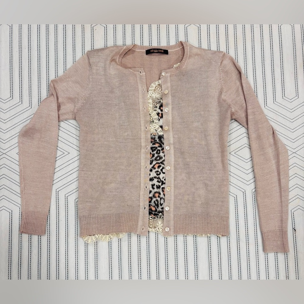 Roberto Cavalli | Large Blush/Leopard Cardigan Sweater | Lace Trim